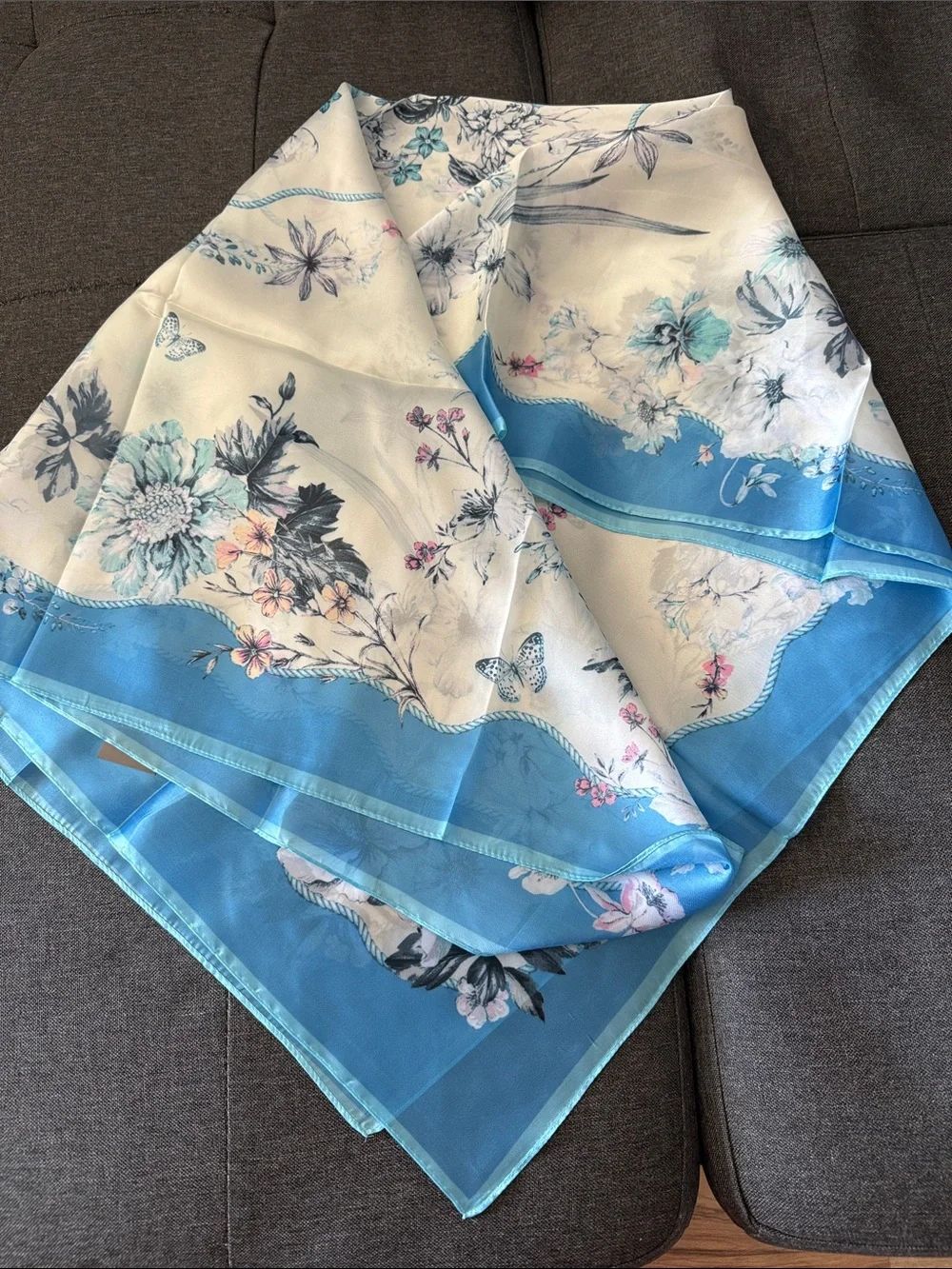 Blue Floral Silk Scarf -